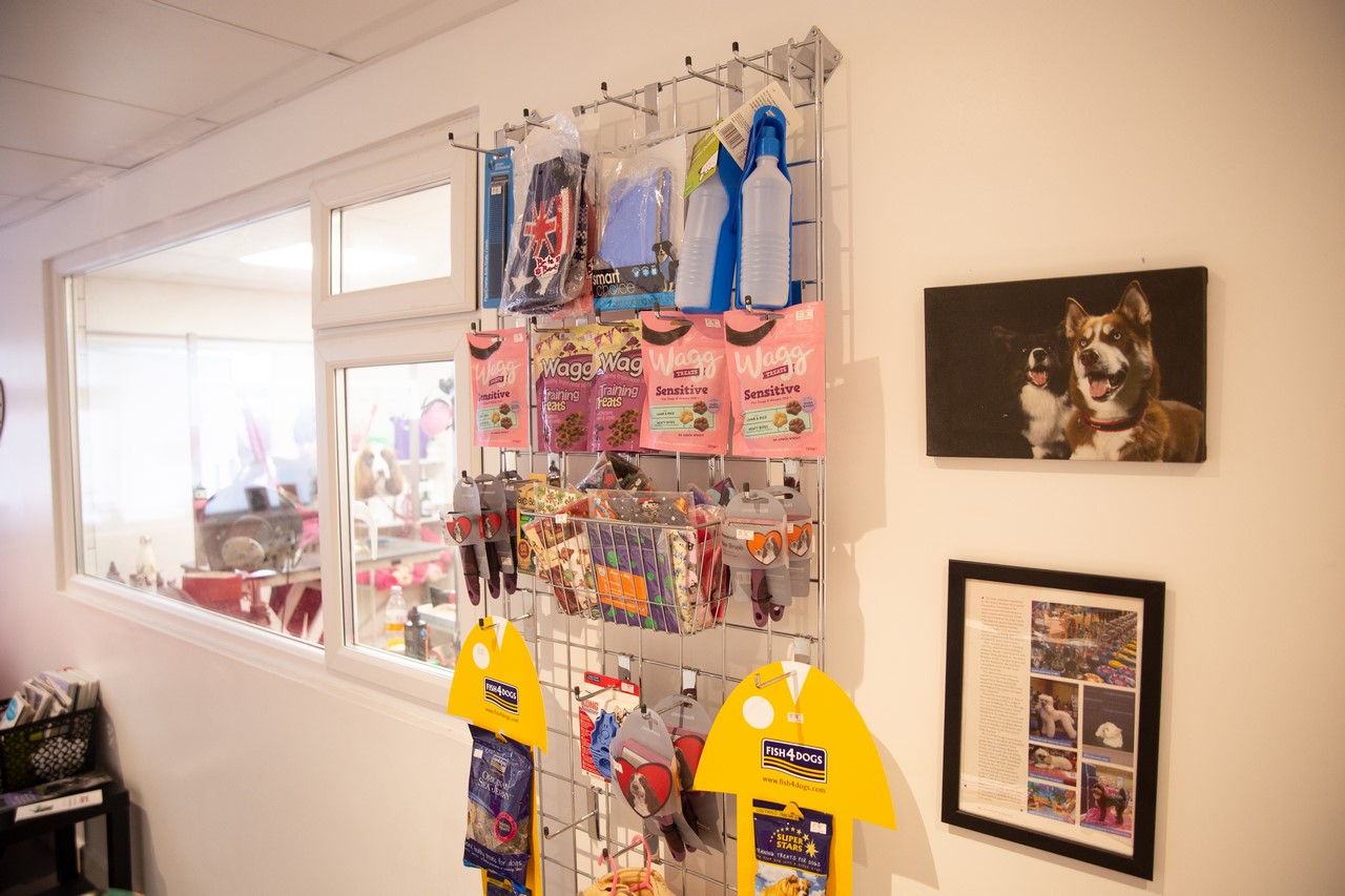 The accessories wall beside the window into the grooming room